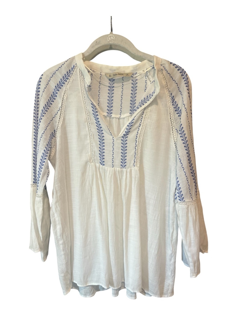 Zara Peasant Blouse white with Blue Embroidered Stripes